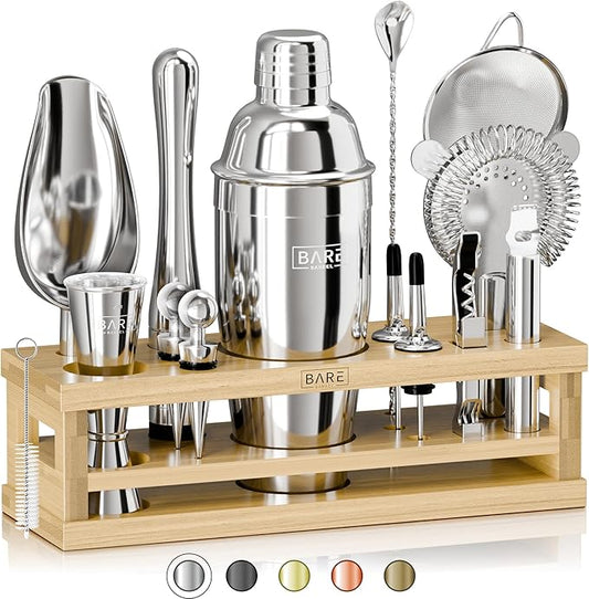 BARE BARREL® Mixology Bartender Kit Bar Set | 16-Piece Cocktail Shaker Set | Martini Barware Mixing Tools for Home Bartending | Incl. 35 Recipe Cards | Gift Set (24oz Cobbler Shaker, Silver/Natural)