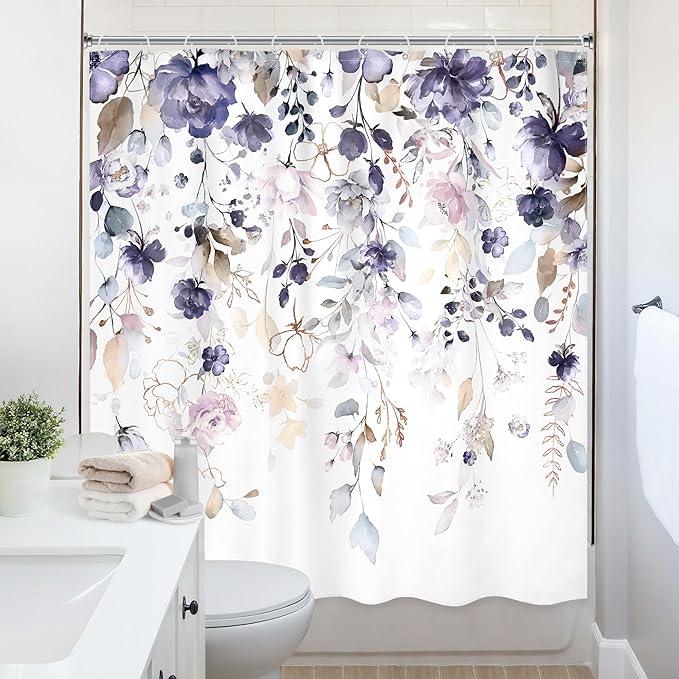 Purple Floral Flower Shower Curtain 72Wx72L Inch Girls Girly Boho Watercolor Wildflower Eucalyptus Leaf Spring Botanical Plant Bathroom Set Rustic Bath Curtain Bathtub Accessories Home Decor