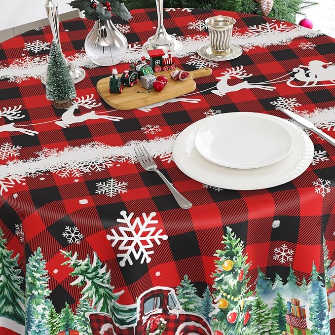 Round Christmas Tablecloth 60 inches - Christmas Decorations for Home - Water Resistant Red Plaid Table Cloth - Red Truck Xmas Holiday Buffalo Plaid Decor for Table, Party,Kitchen
