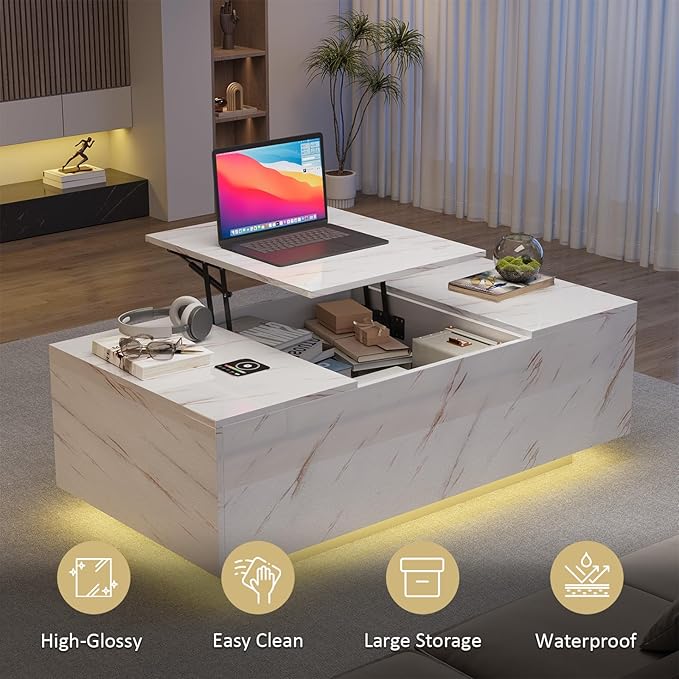 LED Coffee Table, 47.2" Lift Top Coffee Tables with Drawers and Large Storage, Smart Living Room Table with Wireless Charging & Bluetooth Speaker, Dining Center Tables with Storage Shelf