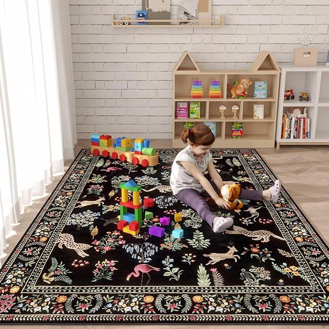 Rugcomf Living Room Rug 5x7 Rug Machine Washable Boho Area Rug Non Slip Floral Animal Vintage Low Pile Large Rugs for Living Room, Bedroom, Farmhouse, Dining Room, Kids Playroom (Black)