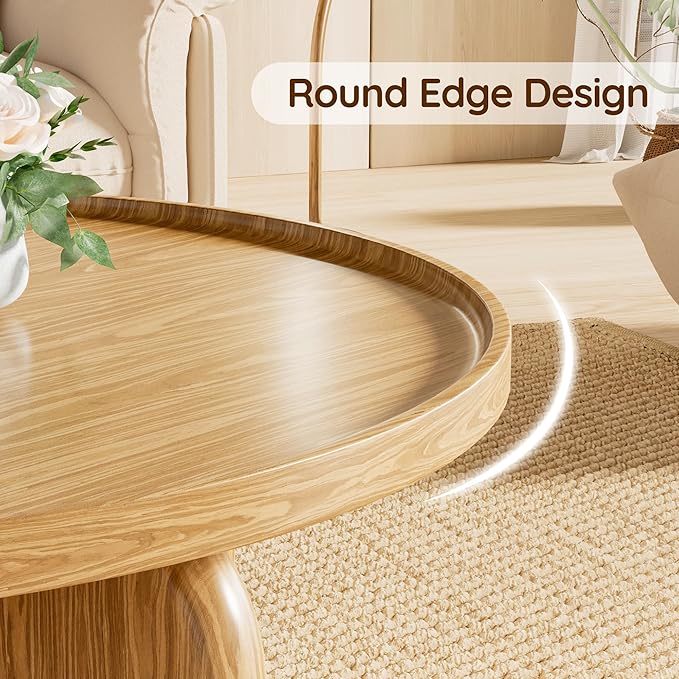 Round Coffee Table with Stylish Curve, 31.5" Circle Wooden Living Room Coffee Table, Modern Farmhouse Center Accent Furniture, Child-Friendly, Easy to Assembly, Brown