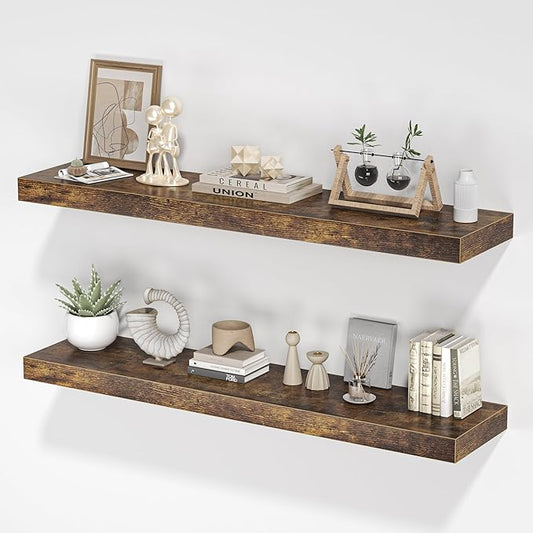 Floating Shelves for Wall, 40"W x 8"D x 1.5"H, Wooden Wall Mounted Display Shelves with Invisible Brackets for Living Room, Bedroom, Bathroom, Kitchen Decor and Storage, Set of 2, Rustic Brown