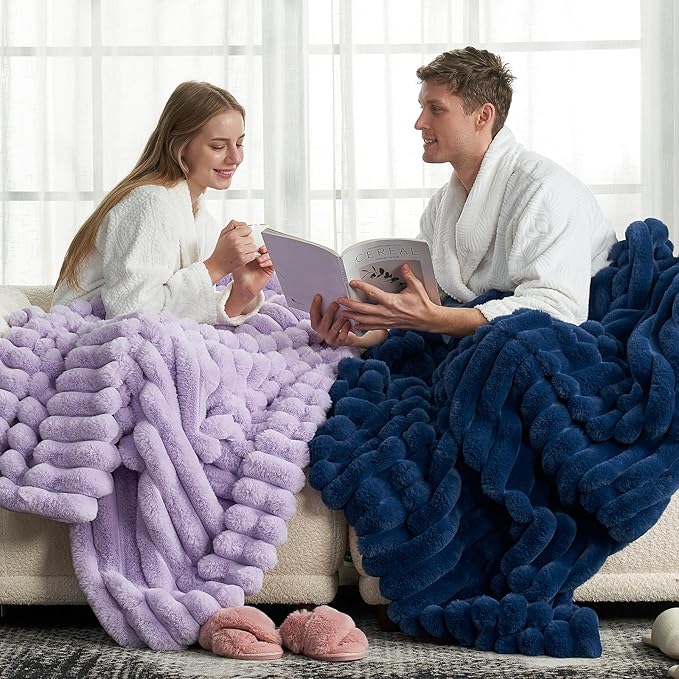 Cozy Bliss Faux Fur Throw Blanket for Couch, Cozy Warm Plush Striped Blanket for Sofa Bedroom Living Room, 108 * 90 Inches Navy Blue