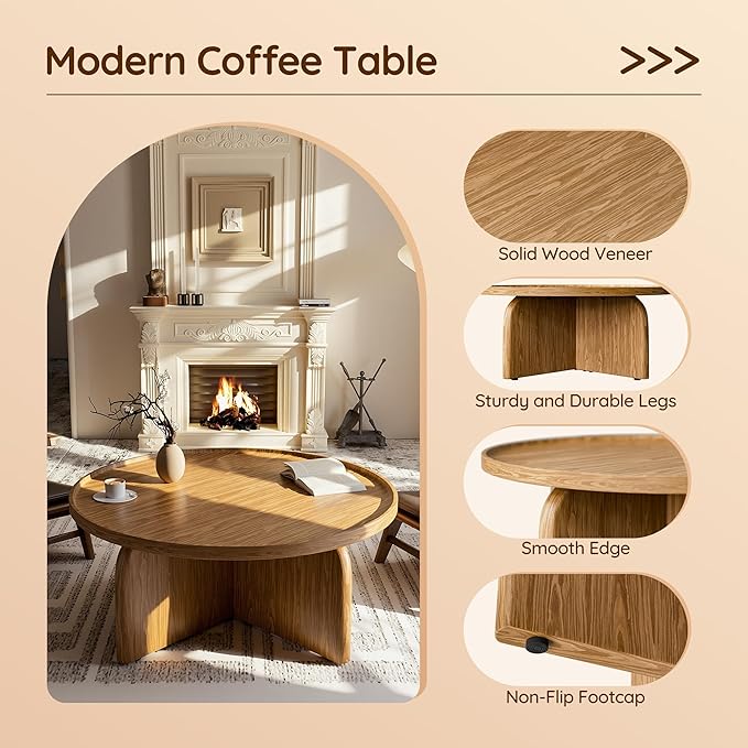Round Coffee Table with Stylish Curve, 31.5" Circle Wooden Living Room Coffee Table, Modern Farmhouse Center Accent Furniture, Child-Friendly, Easy to Assembly, Brown