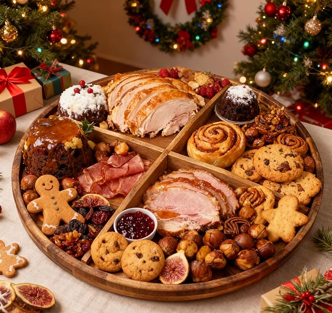 Utoplike Extra Large Acacia Wood Serving Tray, 23.6'' Round Charcuterie board, Cheese board with Rotating Base Raised Edge and Removable Dividers for Food, Snacks, Party, Dining