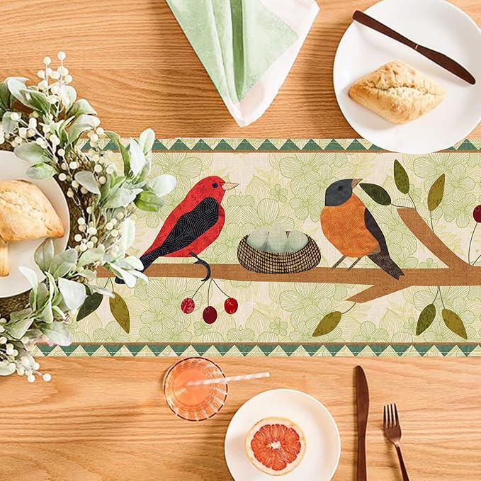 Seliem Summer Birds Tree Branches Table Runner, Cardinal Home Kitchen Dining Decor, Spring Seasonal Farmhouse Decorations Indoor Outdoor Party Supply 13 x 60 Inch