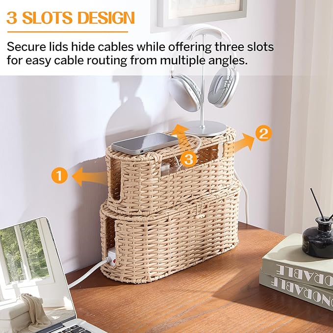 FairyHaus Cable Management Box 2Pack Cream, Handwoven Large and Small Cable Organizer Box Cover to Hide Cords and Power Strip, Imitation Wicker Cord Organizer Box Hider for Office Desk and Floor