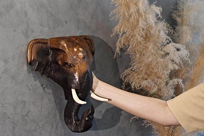AeraVida Powerful Thai Elephant Head Trophy Mount Sculpture Hand Carved Wood Wall Art | Large Elephant Head Statue for Home Decor
