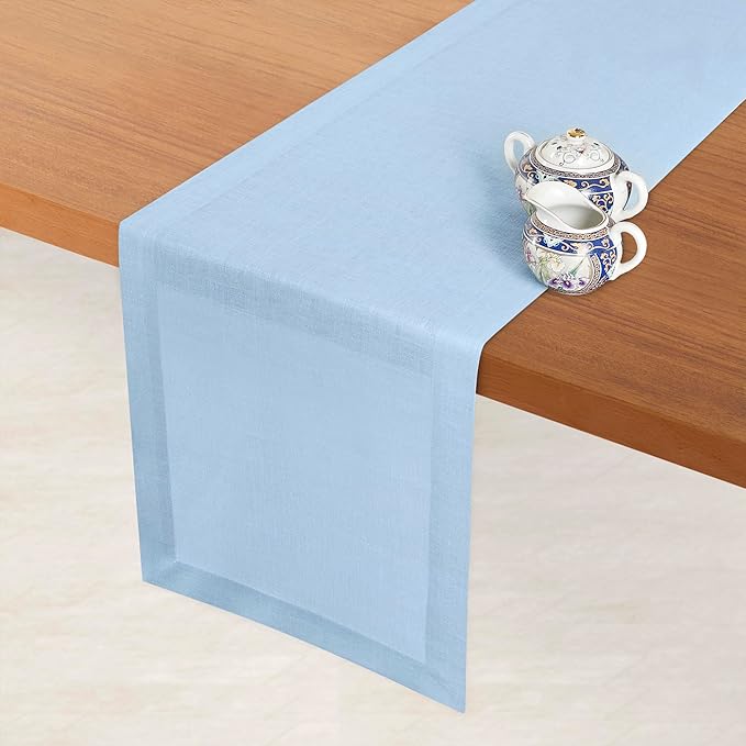D'Moksha Homes Linen Powder Blue Table Runner 90 Inches Long - 100% Pure Linen 14 x 90 Inch Table Runner for Dining, Fall, Autumn and Halloween - Machine Washable
