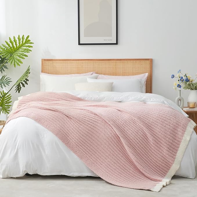 Snuggle Sac Luxury King Size Blanket for Bed, Cozy Soft Fuzzy Microfiber Knit Stripe Bedding Blankets, Pink, 108x90 inches