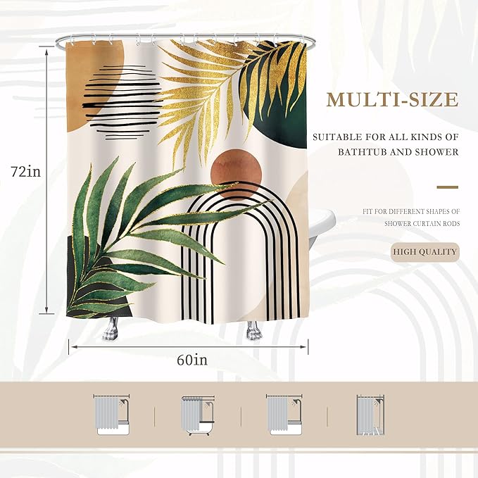Glawry Boho Green Gold Shower Curtain Mid Century Tropical Palm Leaf Abstract Arch Bohemian Plant Botanical Bathroom Minimalist 60Wx72L Inches Bath Accessories Art Home Decor Fabric 12 Pack Hook