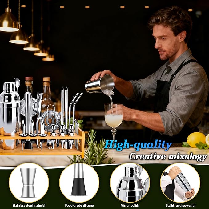 JUSTDOMI 26-Piece Stainless Steel Bar Tool Set Bartender Accessories, Cocktail Shaker Set Bartender Kit with Stand, Cocktails Kit with Muddler for Bar Accessories, Home, Party Cafe Drinks-Style 2