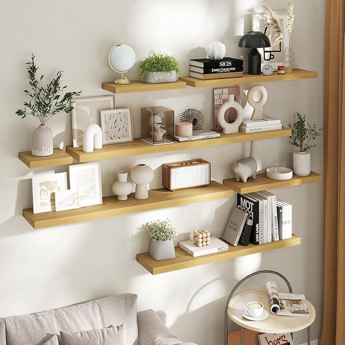 48 Inch Floating Shelves for Wall Set of 2, 8"D Wood Grain Bathroom Shelves with Invisible Brackets, Easy Install Engineered Wood Storage Shelves for Kitchen, Living Room, Bedroom, Oak Finish