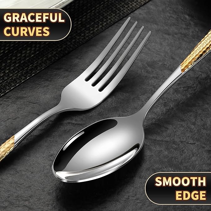 Lemeya 20-Piece Hammered Silver Gold Silverware Set for 4 with Serrated Forging Knives,18/10 Stainless Steel Modern Flatware Set,Unique Cutlery Set Spoons and Forks Set,Mirror Polished,Dishwasher Safe