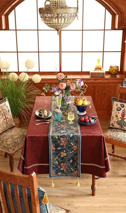 patdrea Designer Casual Wild Floral Velvet Table Runner 87 Inch Long, Dark Blue Occult Bouquets Pattern Table Mat, Decoration for Kitchen Dining Coffee Table Cabinet Banquet Thanksgiving,12"*87"