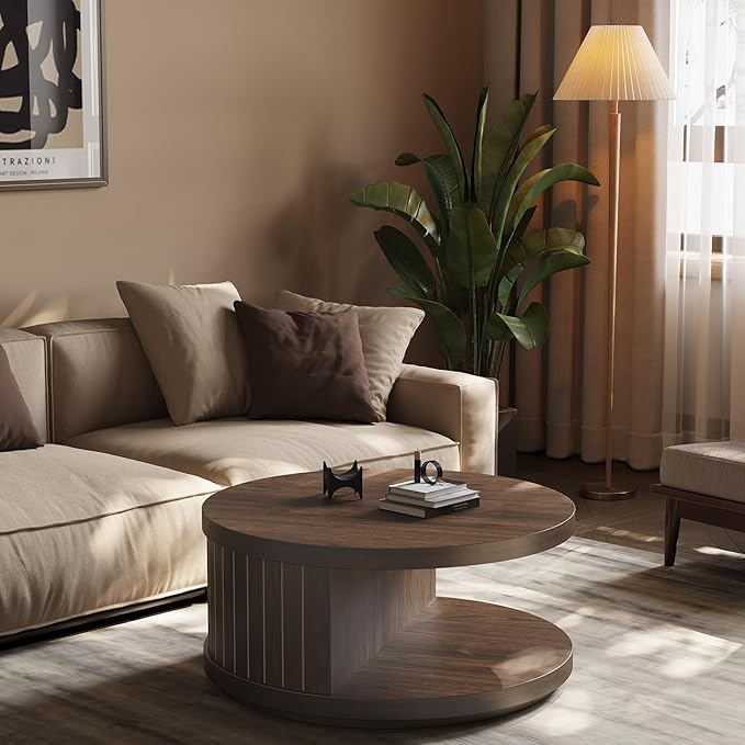 31-Inch Round Wood Coffee Tables for Living Room, with 2-Tier Shelf Fluted Center Tables, Modern Wooden Circle Unique Tea Tables with Open Shelves for Home Apartment Small Spaces, Walnut