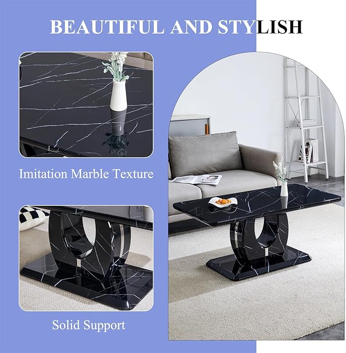 LKTART Rectangle Coffee Table for Living Room, Imitation Marble Coffee Tables with Storage, Modern Stable Base Center Tea Table for Dining Room Small Space Apartment (43.3''L×22.4''W-Black)