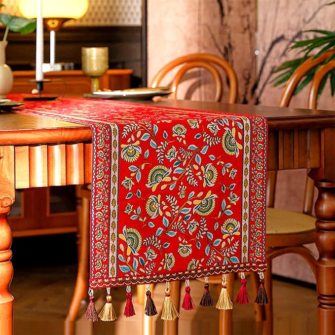 13×72 Inch Table Runner, Retro-Luxury Tassels Series for Kitchen Dining Table Holiday Decoration (Red Branch)