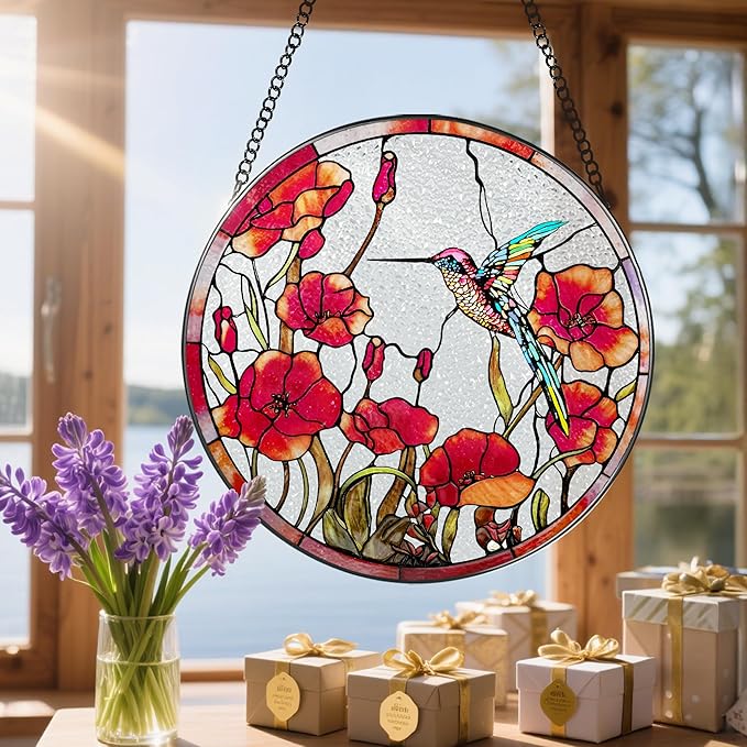 8 Inch Hummingbird Stained Glass Suncatchers for Window Hanging Decor Art Gift for Hummingbird Lovers Wall Hanging Ornament Ideal Festival Gift