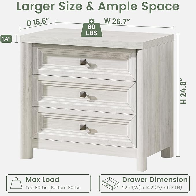 White Nightstand with 3 Drawers, Wood Night Stand with Metal Knobs, Farmhouse Bed Side Table for Bedroom, Modern End Table for Living Room Home Office Storage 1PC