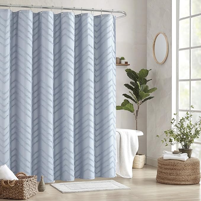78inches Long Light Blue Boho Fabric Shower Curtain Tufted Chevron Striped Textured Cloth Curtains for Bathroom, Fog Blue