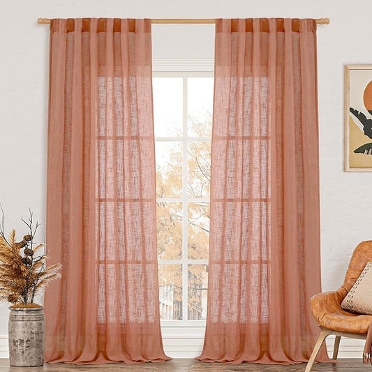 LAMIT 95 Inches Long Terracotta Linen Curtains for Living Room, Back Tab and Rod Pocket Linen Textured Curtains Light Filtering Boho Drapes for Bedroom/Dining Room, Set of 2, 52 x 95 Inch