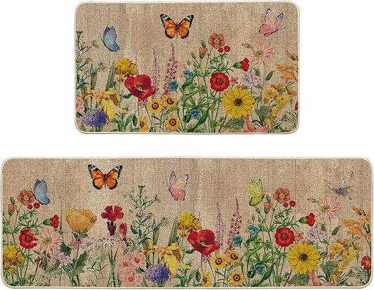 Artoid Mode Wood Flowers Butterfly Spring Kitchen Mats Set of 2, Seasonal Home Decor Leaves Low-Profile Kitchen Rugs for Floor - 17x29 and 17x47 Inch