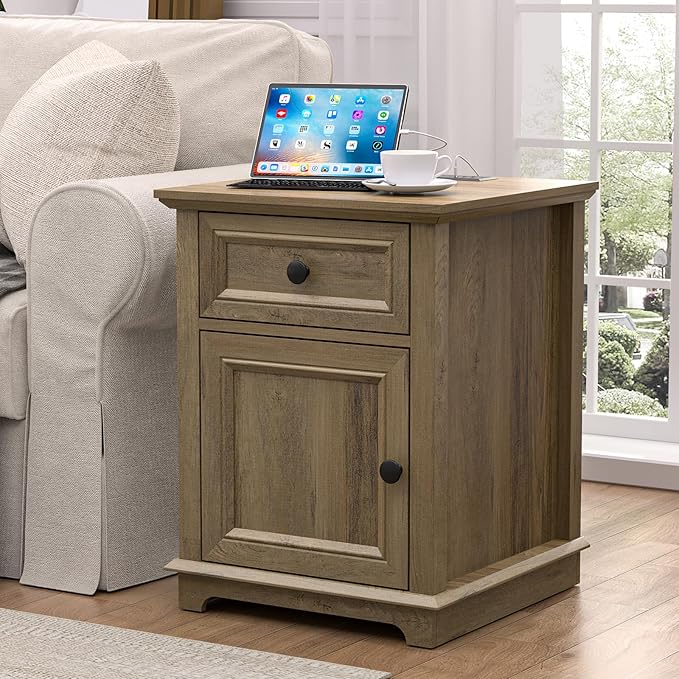 End Tables with Charging Station Set of 2, Side Tables with Drawer and Adjustable Shelf, Night Stand Set of 2, Wooden Side Table for Living Room/Bedroom/Office, Light Brown