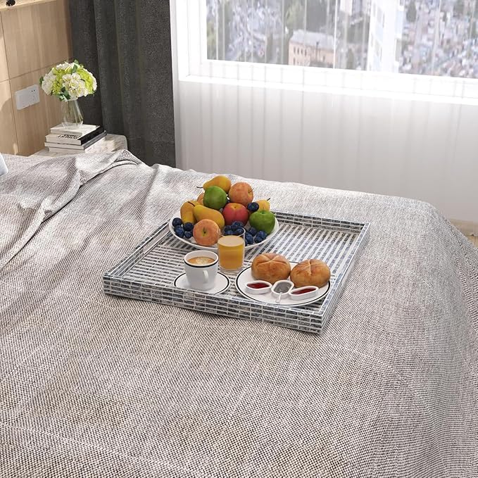 PEMAR Extra Large Square 20" Capiz Shell Ottoman Tray with Insert Handles, Oversized Decorative Luxury Wooden Serving Tray for Food, Coffee Table, Breakfast in Bed (Grey-White Stripes)