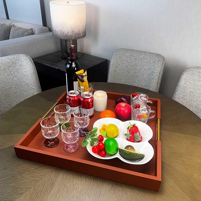 20x20 Inches Large Brown Faux Leather Wrapped Wood Ottoman Tray with Handles for All Occasions, Serving Food Breakfast On Bed, Home Decor Decorative, Living Room,Square Coffee Table Organizer