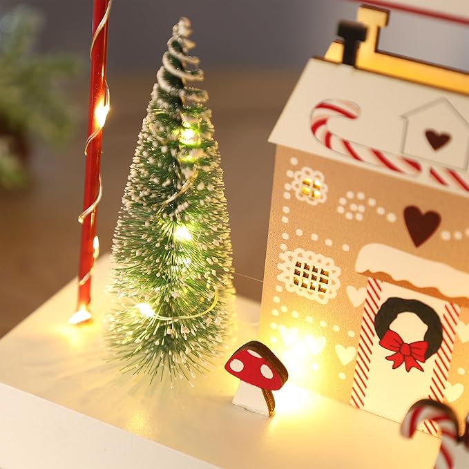 Christmas Tabletop Decoration, Wooden Lighted Decorations, Battery Operated Christmas Indoor Table Decorations (Candy Cane Lane & Giftbox)