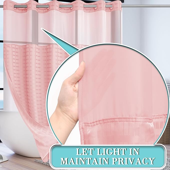 Conbo Mio Extra Wide No Hook Shower Curtain with Snap in Liner Set, 108" x 74" Hotel Luxury Pink Shower Curtains for Bathroom with See Through Top Window, Waterproof, Washable 108W x 74H