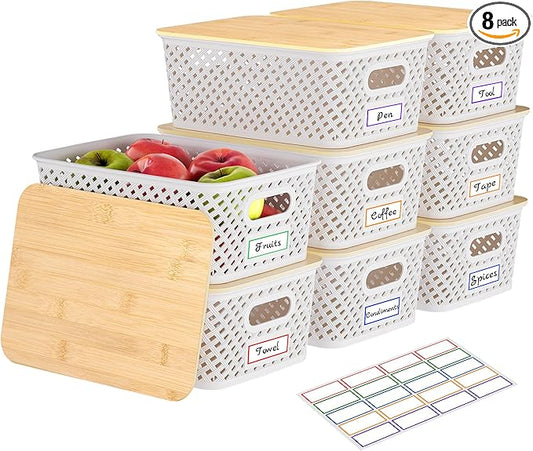 8 Packs Plastic Storage Bins with Bamboo Lids - Stackable Storage Bins Decorative Small Basket Containers for Organizing Shelves Office Classroom Desktop Closet, Cream White