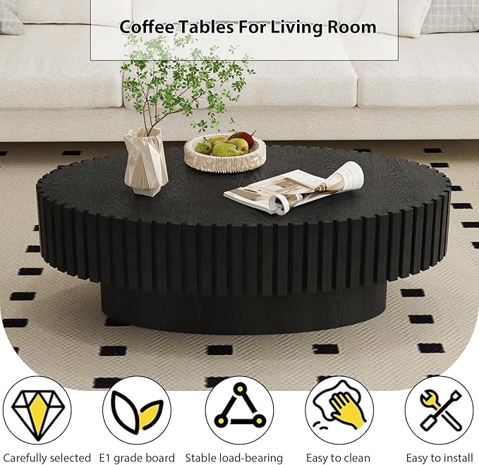 Oval Fluted Coffee Table Mid Century Modern Coffee Tables with Handcrafted Relief Ellipse Drum End Table Rustic Industrial Center Tables for Apartment Living Room (Black Oval)