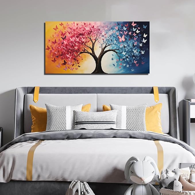 GUGIKA Tree Canvas Wall Art for Living Room, Pink Gold and Blue Butterflies Wall-Decor for Bedroom, Natural Pictures for Hallway Office, Size 48x24 Inches