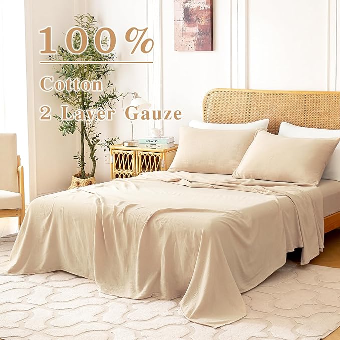 Twin Sheets Set 100% Cotton Bed Sheets Gauze 3 Pcs Linen Like Textured Beige Fall 16" Deep Pocket Sheet & Pillowcase Sets Boho Muslin Soft Bedding Sets for All Season Machine Wash