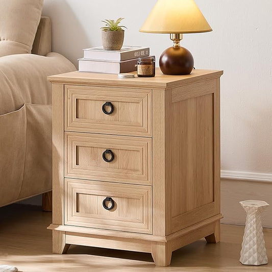 18" Farmhouse Night Stand with 3 Drawers, Wood Bedside End Table, Natural Nightstand, Bed Side Table Cabinet with Metal Handle for Bedroom Living Room, Closet