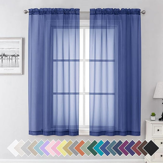 Aiyufeng Royal Blue Sheer Curtains 63 Inch Length 2 Panels Set, Semi Transparent Voile Dark Blue Sheer Window Drapes for Bedroom Bed Canopy Living Room Dining Wedding Party Backdrop, 40W x 63L inch