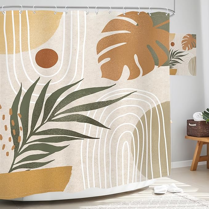 Glawry Beige Green Boho Shower Curtain Mid Century Abstract Plant Tropical Palm Leaf Minimalist Arch Geometric Bathroom Modern 72Wx78L Inches Bath Accessories Art Home Decor Fabric 12 Pack Hook