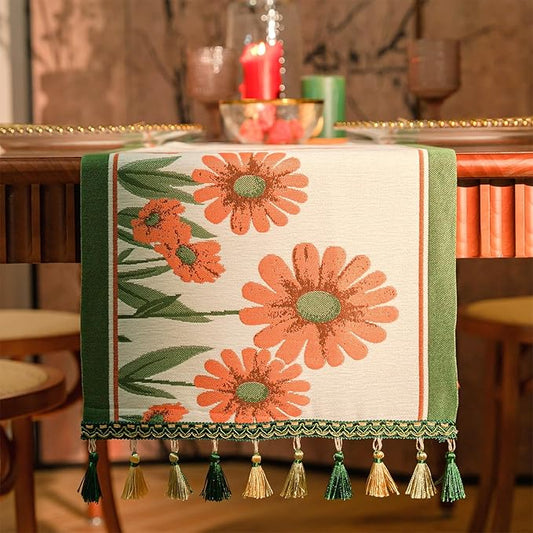 13×72 Inch Table Runner, Retro-Luxury Tassels Series for Kitchen Dining Table Holiday Decoration (Daisy)