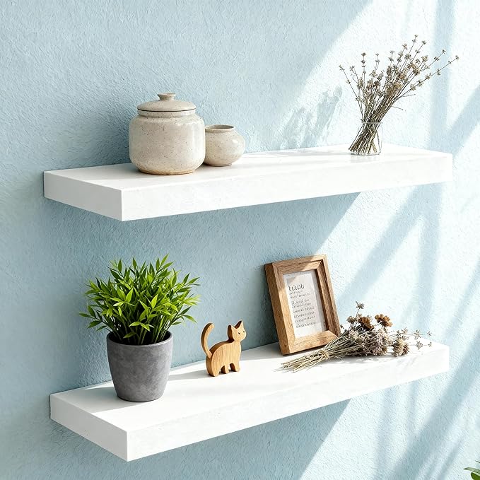 Floating Shelves for Wall(Set of 2)-24 Inch White Wood Wall Shelf with Invisible Brackets for Bathroom,Bedroom,Drawingroom,Kitchen for Decor(White,2pcs)