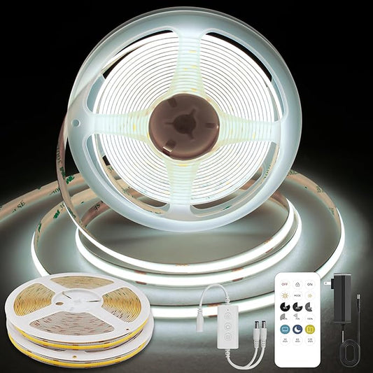 COB LED Strip Lights Cool White,24V Dimmable led Light Strip KIT with Remote and app Control,6000K 32.8FT/2 * 5m 8mm Wide Ra>90 Cuttable Flexible Strip Lights for Bedroom,Shelf,Cabinet