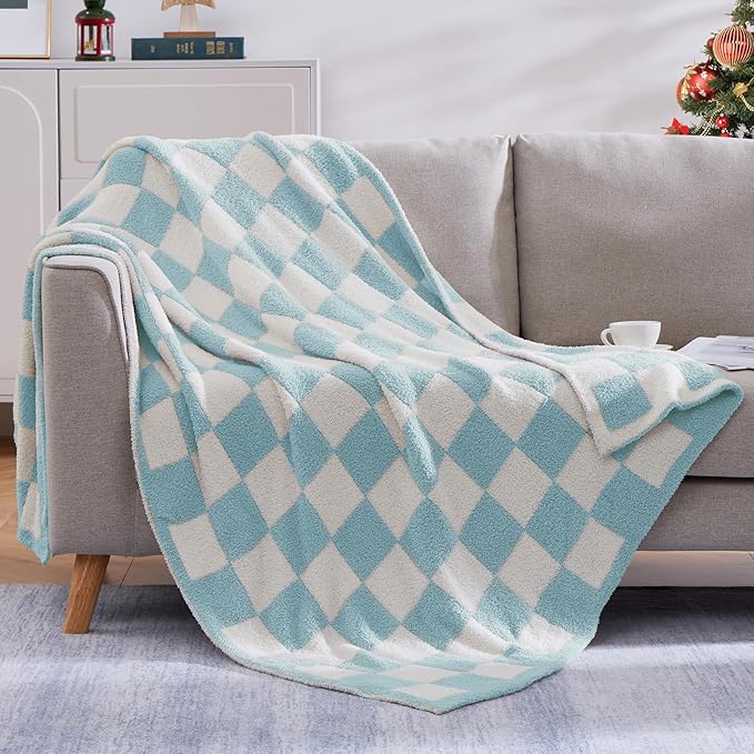 WRENSONGE Checkered Throw Blanket, Sky Blue Soft Cozy Fluffy Warm Hand Made Throw Blankets for Couch, Sofa, Chair, Bed, Camping, Picnic, Travel Lightweight Bed Blanket - 50"*70"