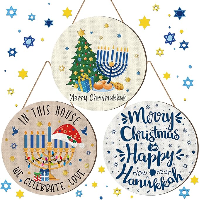 Blosssound 3 Pcs Door Decorations Front Hanging Door Sign Hanging Ornament Wooden Wall Sign Hanger for Celebrations Farmhouse Home Living Room Party Supplies(Happy Hanukkah)