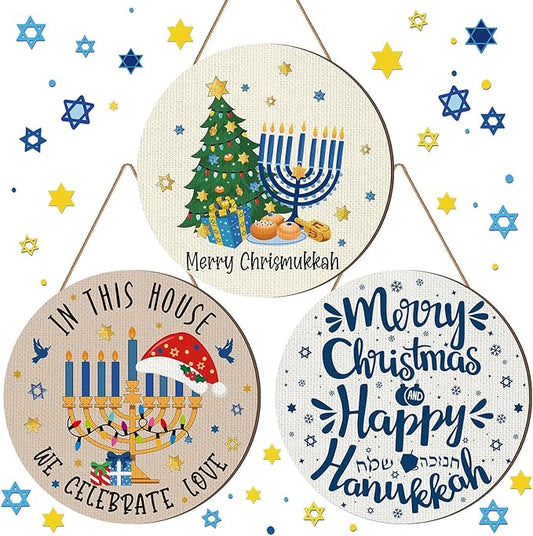Blosssound 3 Pcs Door Decorations Front Hanging Door Sign Hanging Ornament Wooden Wall Sign Hanger for Celebrations Farmhouse Home Living Room Party Supplies(Happy Hanukkah)