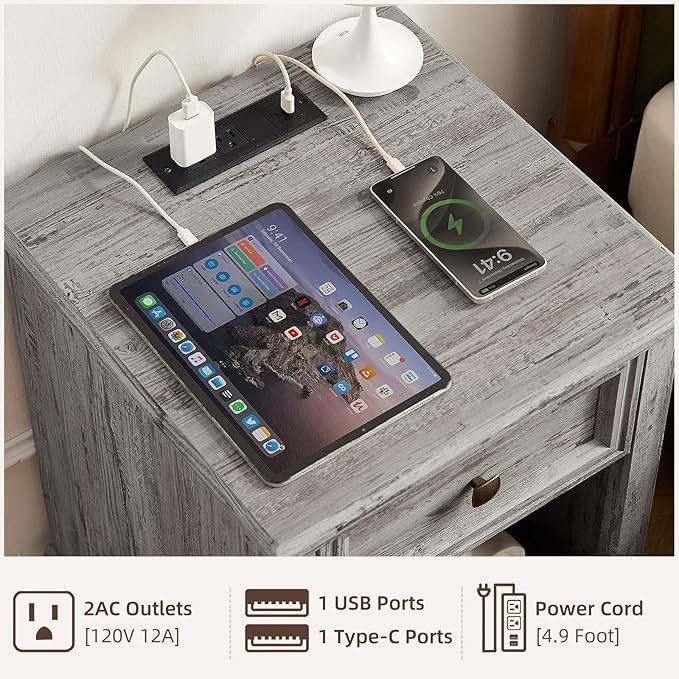 Farmhouse End Tables Living Room Set of 2, Rustic Wood Nightstand with 1 Drawer, Bedside Table with Open Shelf for Bed Room, Side Table for Living Room, Grey