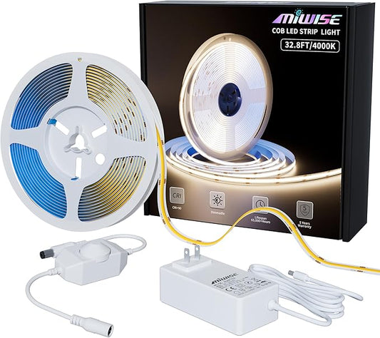 MIWISE COB LED Strip Light 32.8ft/10m,CRI 90+ Natural White 4000K High Lumen Dimmable Super Bright Flexible DC24V LED Tape Light with Controller/Dimmer,for Cabinet Home Office DIY Lighting Projects