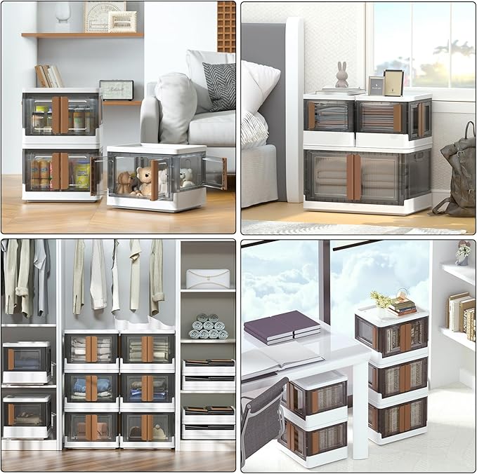 HAIXIN Folding Storage Bins with Left Doors and Right Doors Opening, 6.86 Gal Bookcase, Stackable Storage Cabinet, Plastic Shelves Organizer, Space-Saver Pantry Storage, Room Organization, 6 Pack