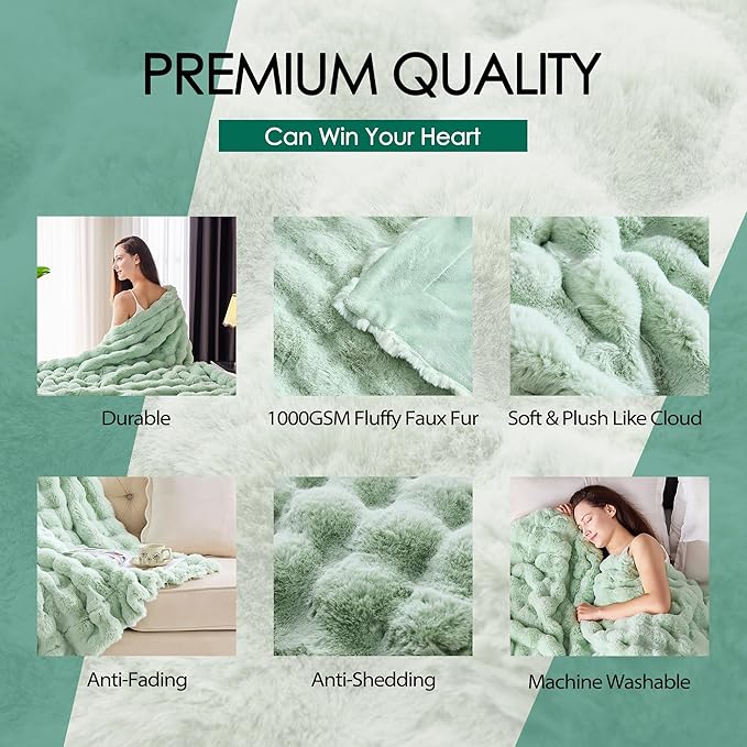 Luxury 1000GSM Faux Rabbit Fur Throw Blanket, Super Heavy Warm Cozy Blankets for Couch Bed Sofa, Bubble Plush Fuzzy Elegant Soft Reversible Mink Blanket for Living Room Bedroom, Green